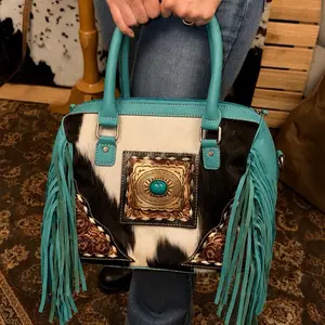 Turquoise Cowhide Fringe Western Satchel