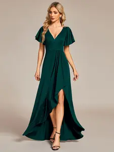 Ever-Pretty Glitter High-Low Front Side Slit Ruffled V-Neck Evening Dress Sparkly Sequin High-Low Dress – Deep V Ruffle Sleeve Gown with Front Slit, Slim Fit & Flowy Elegance for Weddings, Party dress & Bridesmaids dress 01738
