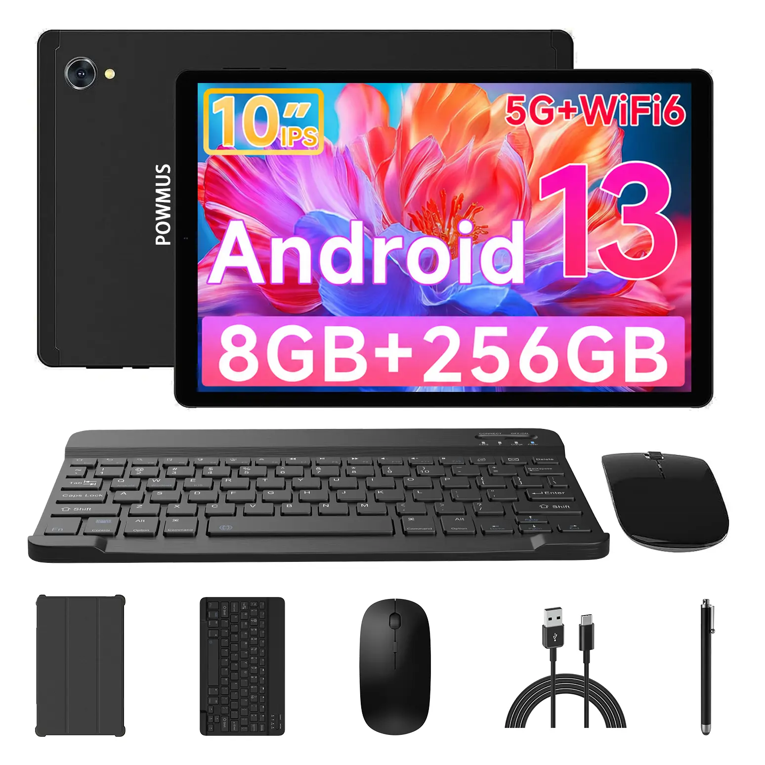 POWMUS 10.4 Inch Android 13 Tablet, 256GB Storage, Octa-Core Processor, WiFi Tablet PC with Keyboard, Mouse, Stylus and Protective Case, 1TB Expandable Storage, for Work, Study and Entertainment
