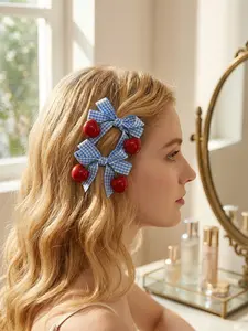 2pcs - French sweet cherry bow hair clips set, includes duckbill clips, women's hair clips, Y2K style for women & kids. Perfect for daily dates, picnics, photoshoots, school wear and festival parties.