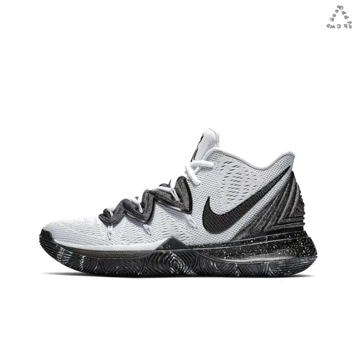 Mid-top Basketball Sneakers | White Breathable Mesh Upper with Black Wavy Lace Loops and Swoosh Logo | Two-tone Black Speckled and Marbled Multi-grip Traction Outsole for Basketball Training & Matches