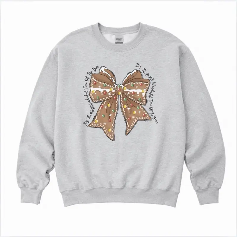 Gingerbread bow it’s the most wonderful time of the year Sweatshirt - Ash Grey - Sublimation Womenswear Casual Comfort - Christmas