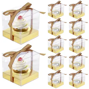 12PCS Clear Cupcake Boxes, Single Cupcake Containers with Gold Insert and Ribbon Plastic Cupcake Carrier 3.5" x 3.5" x 3.5"