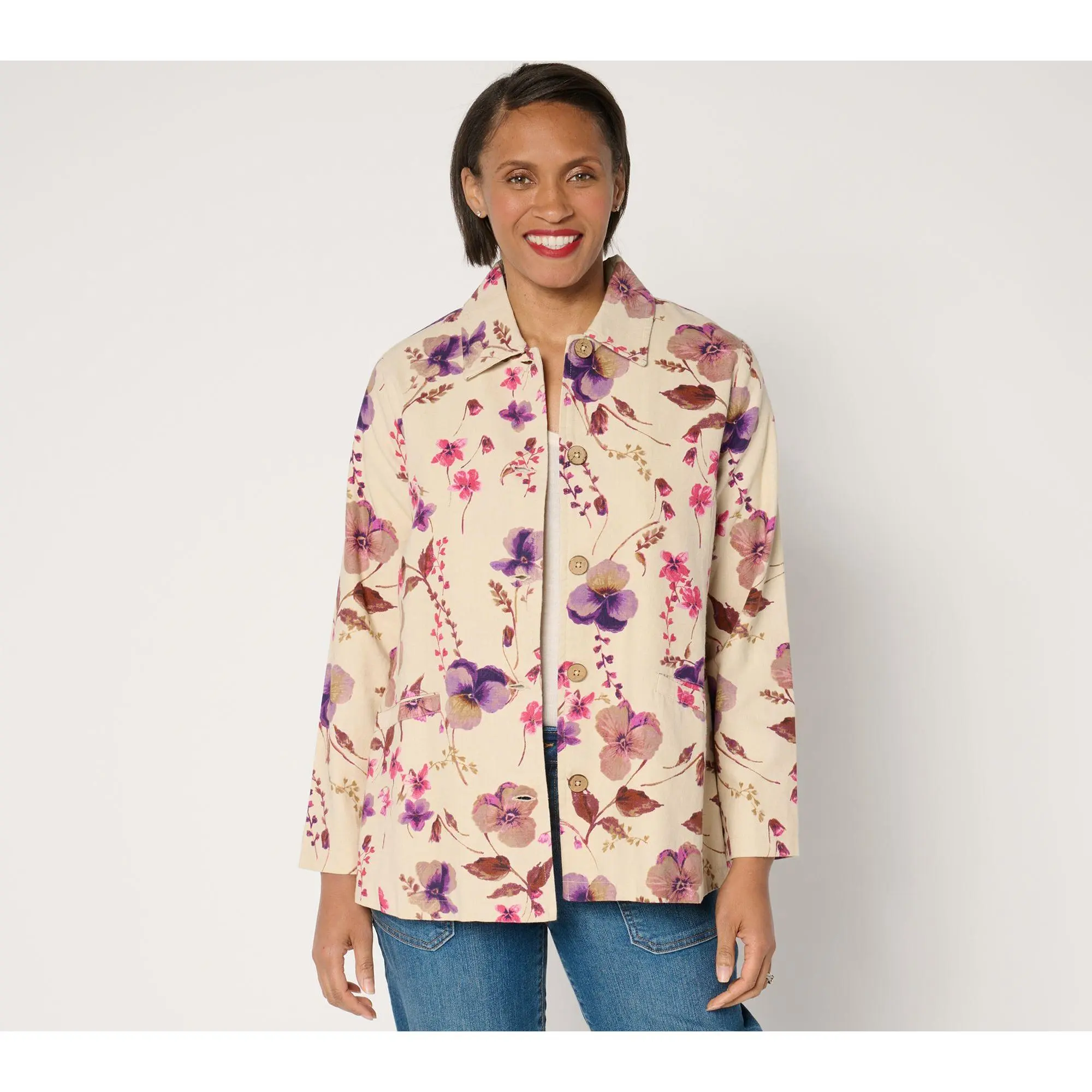 Susan Graver Petite Printed Cotton Button Front Swing Jacket