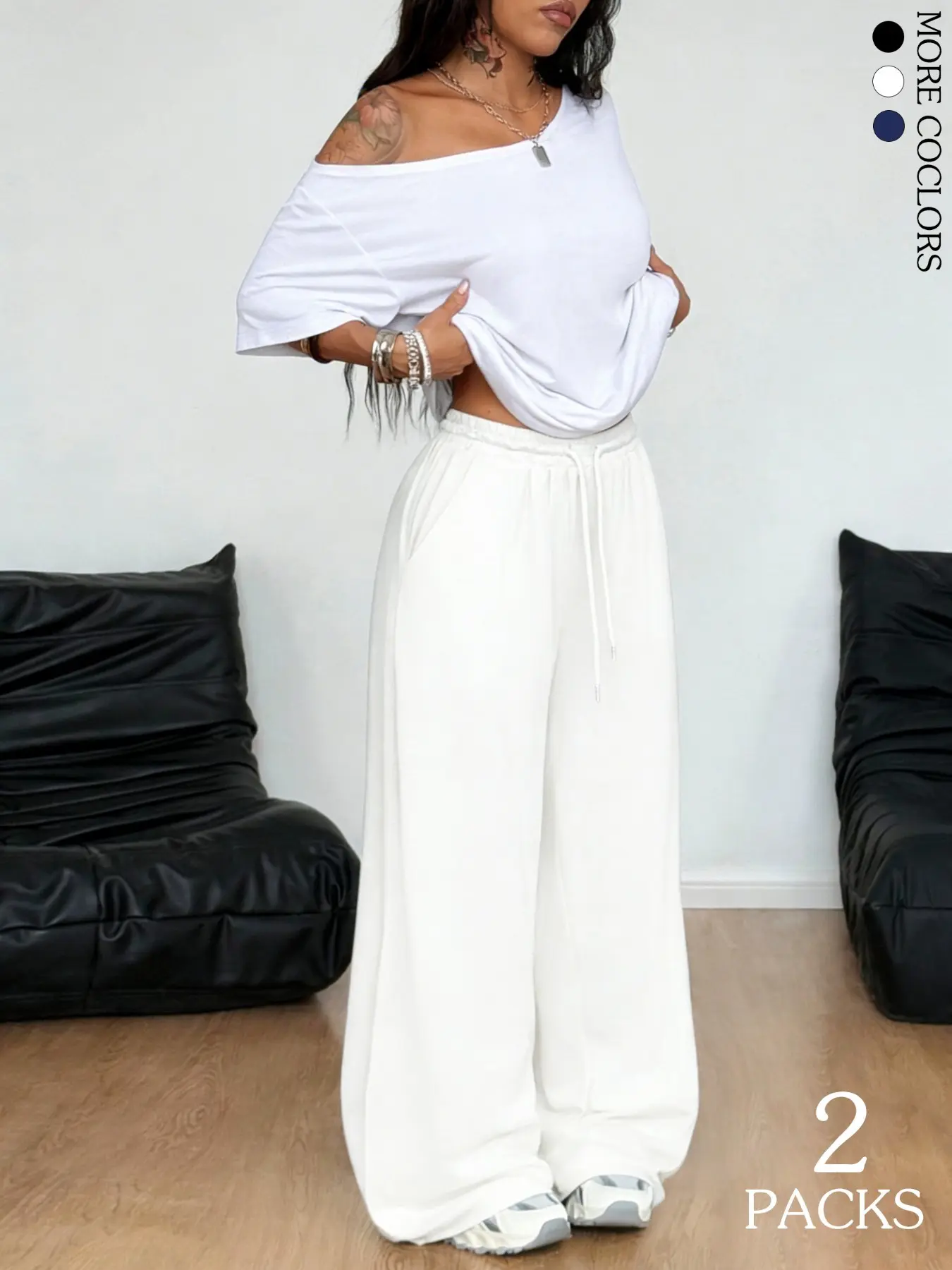 2pcs/Set Women's Minimalist Basic Daily Wear Going Out Sport Comfortable Off Shoulder T-Shirt And Wide Leg Adjustable Drawstring Pants Two Pieces Outfits