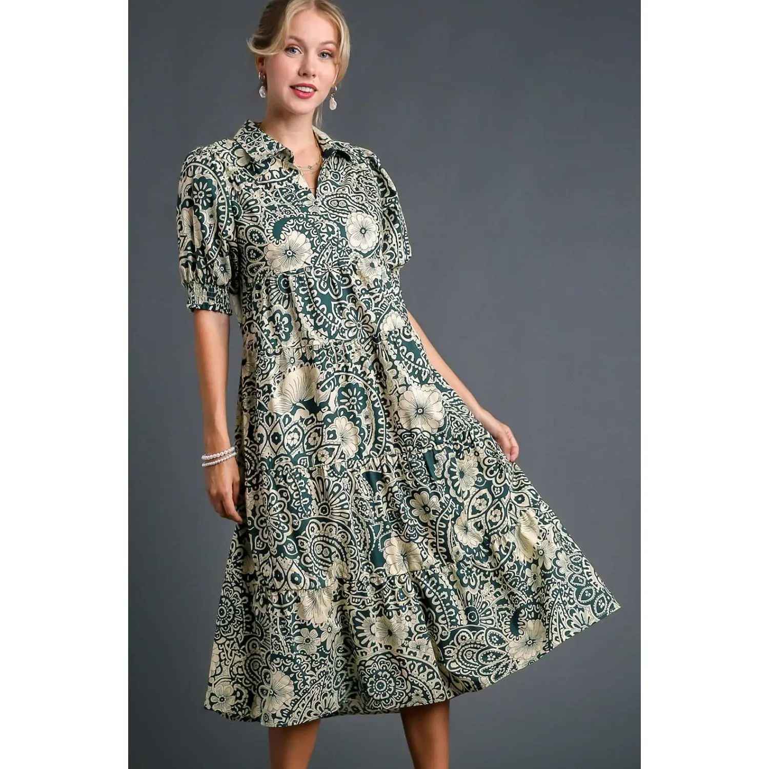 Umgee Full Size Printed Smocked Cuff Puff Sleeve Midi Dress Plus Size
