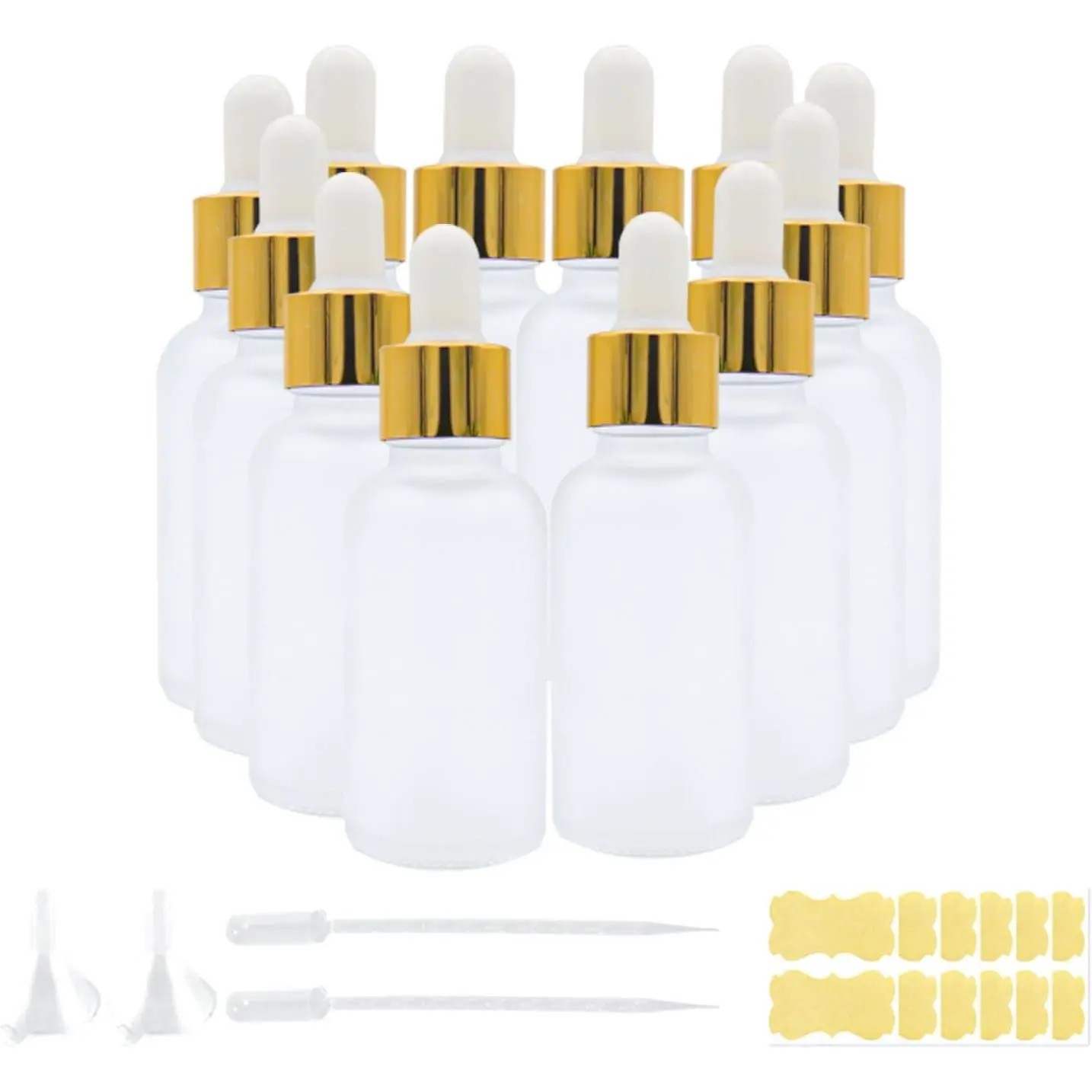 12 Pack,Clear Frosted Glass Dropper Bottle for Essential Oils,Empty Glass Liquid Holder With Glass Eye Dropper,Golden Caps Travel Perfume  Container-Pipette&Funnel included (30ml/1oz)