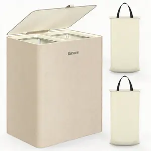 Laundry Hamper with Lid, 2 Section Dirty Clothes Basket, Large Capacity 95L/115L Laundry Basket, Beige