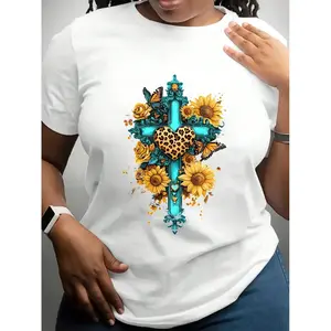 Women'S Sunflower Print Round Neck T-Shirt, Comfortable Short-Sleeve Casual Top For Spring And Summer, Soft Stretch Round Neck Tee, Machine Washable Regular Fit For Casual Attire, Ladies T Shirts, Allseason Apparel, Playful Graphic Tee