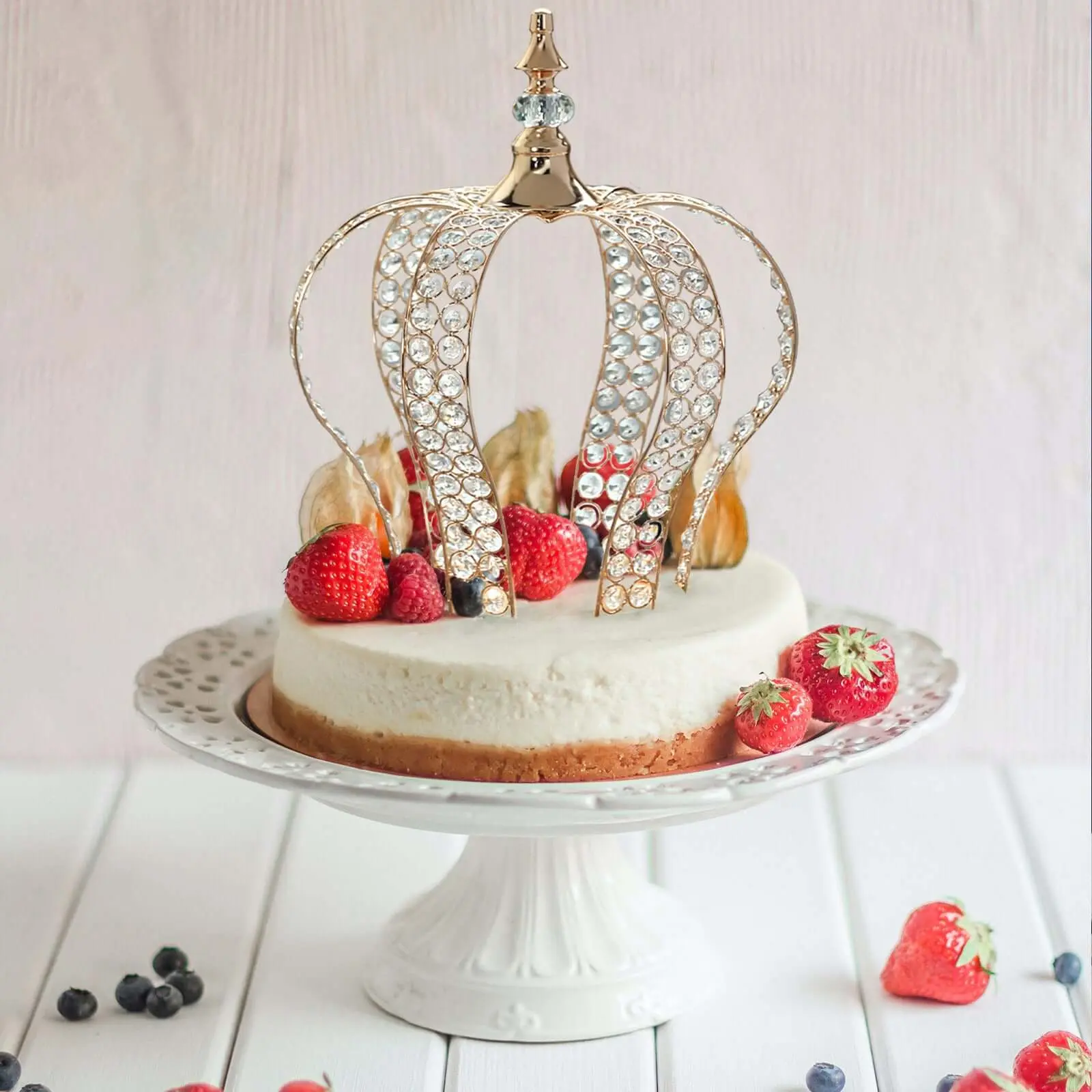 16" Metallic Gold Crystal-Bead Royal Crown Cake Topper - Luxury Wedding Cake Topper, Happy Birthday Photo Centerpiece Decor for Indoor Festive Occasions