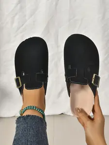 Women's Khaki Suede Buckle-Accent Clog Mules, Slip-On Round-Toe Backless Shoes, All-Season Casual Daily Footwear, Comfortable Lightweight Outdoor Walking Mules, Spring Summer Autumn Fashion Office Vacation Shoes, Stylish Minimalist Flat Clogs