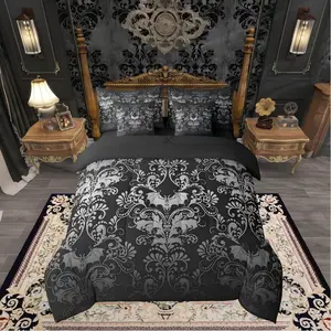 Gothic Damask 7 Piece Comforter Set,Bed in a Bag,Halloween Bat Bedding Sets,White Black Victorian Floral Goth Sheet Set with Comforter
