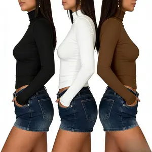 Durable Slim-Fit Y2K Korean Women’s Tops - Breathable Cotton Blend Crewneck & Turtleneck Dual Styles, Assorted Colors Must-Have Layering Essentials for Casual Days & Romantic Dates