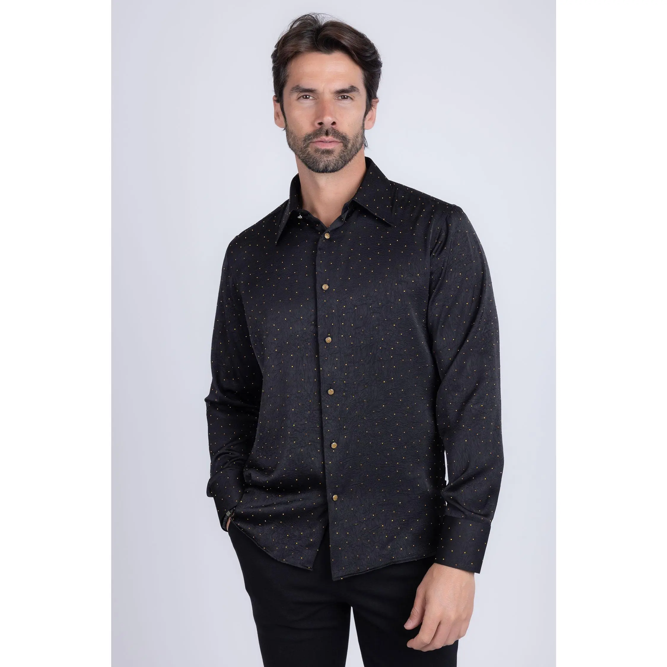 Cana Rhinestones Long Sleeve Shirt Fabric Menswear Top Floral Garment Original Polyester Slim Fit Textured Classic
