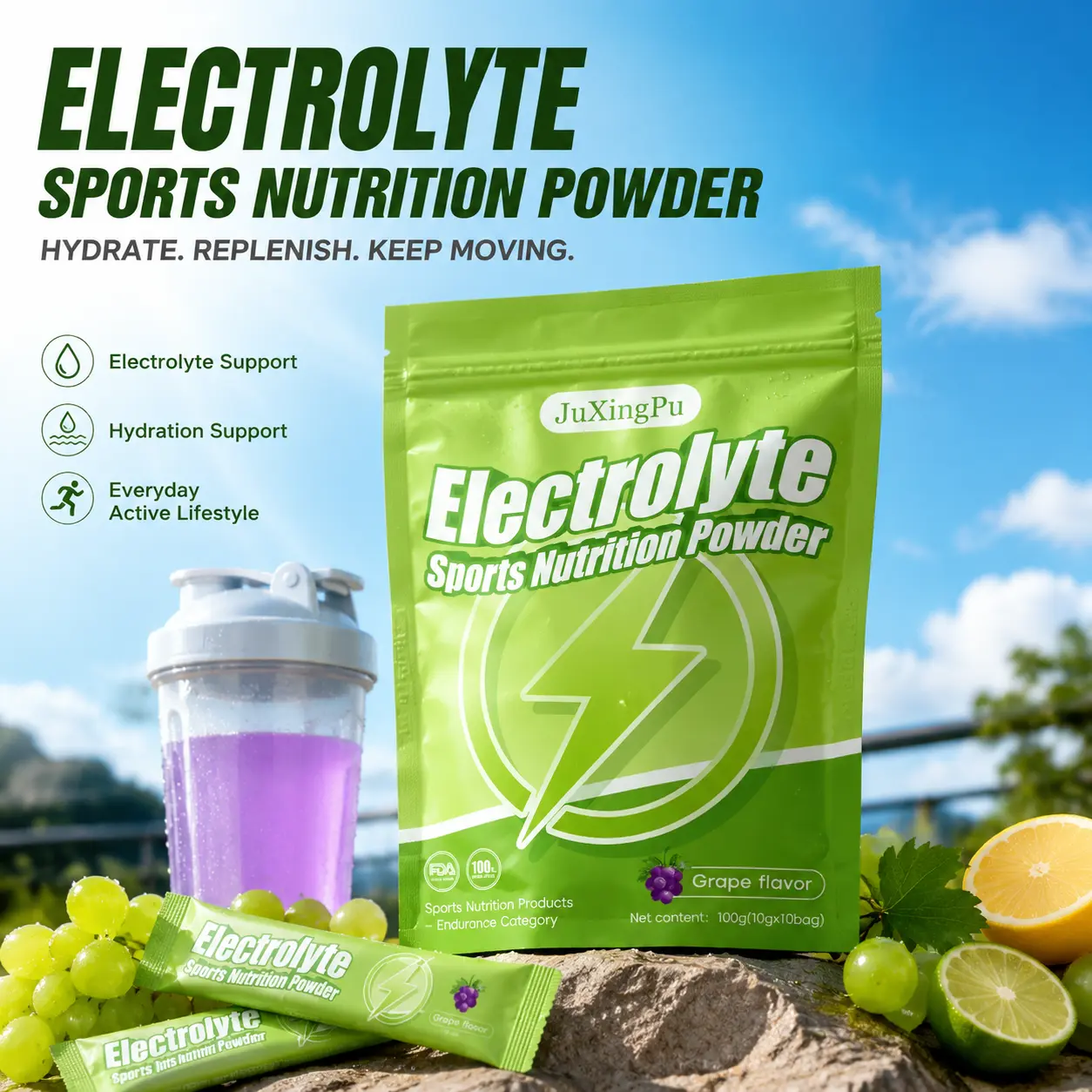 Electrolyte Powder Drink Mix – Natural Flavor, with Vitamins & Trace Minerals, Sports Hydration & Recovery – 10 Sachets, 10g Each (100g/3.53 oz)
