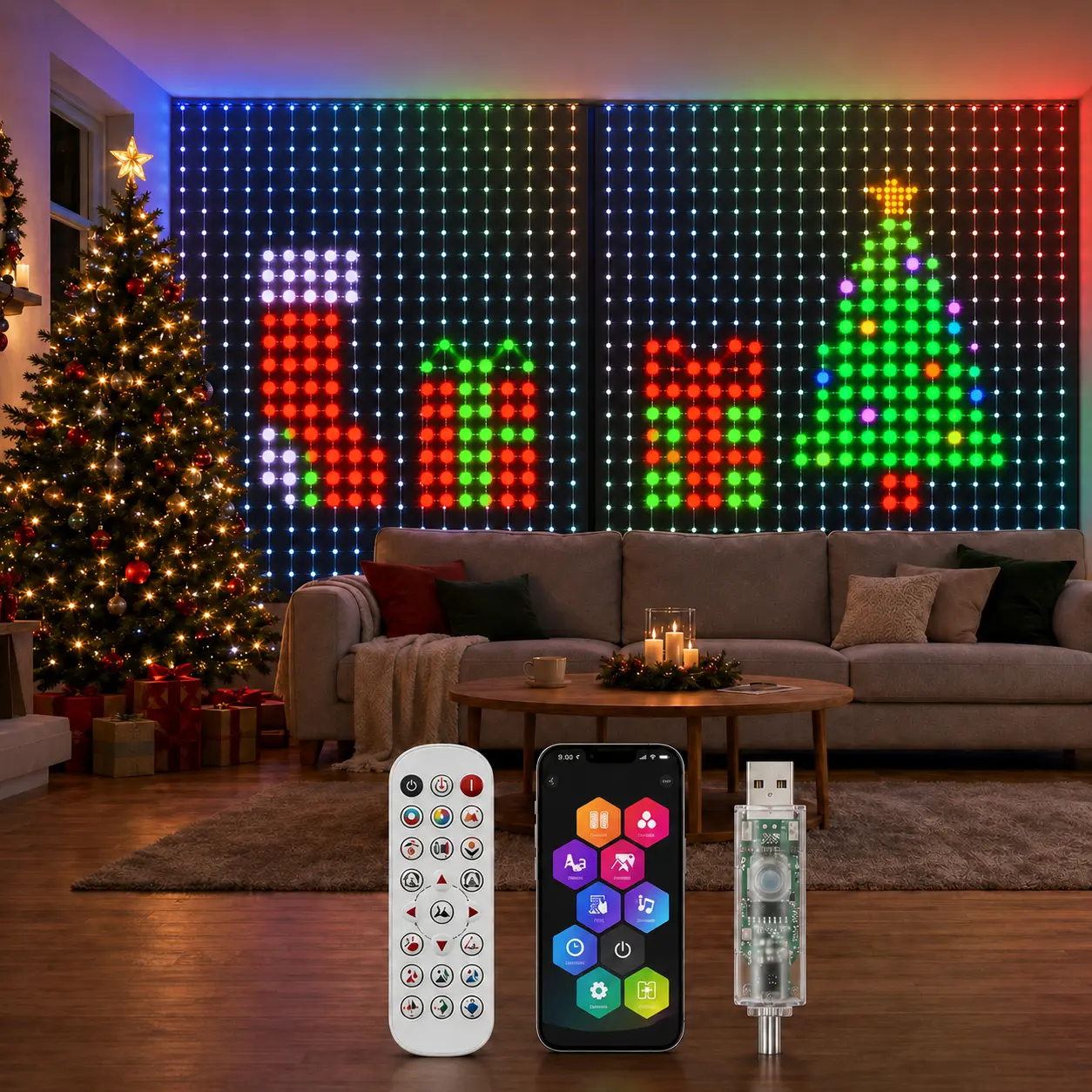 RGB LED Curtain Lights - USB-Powered Bluetooth Smart Pixel Led Strip with DIY Text, Custom Images, Graffiti, Dynamic Patterns, Music Sync, Surplife App+Remote for Party Lights, Mood Lighting, Adjustable Multi-Color Holiday Decor