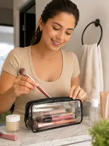 Clear Cosmetic Storage Pouch Minimalist PVC Pencil Case Waterproof Makeup Organizer Bag for School Office Travel Dorm Bathroom Accessories, Trendy Portable Beauty Bag Gift for Women Girls Christmas Halloween Birthday Events