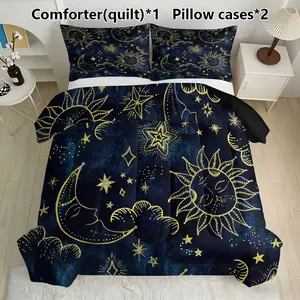 Sun and Moon Celestial Bedding Set, Includes 1 Comforter & 2 Pillowcases, Mystic Astrology Decor, Synthetic Fiber Material, Decorative Bedding Set, Bedroom Bedding Set