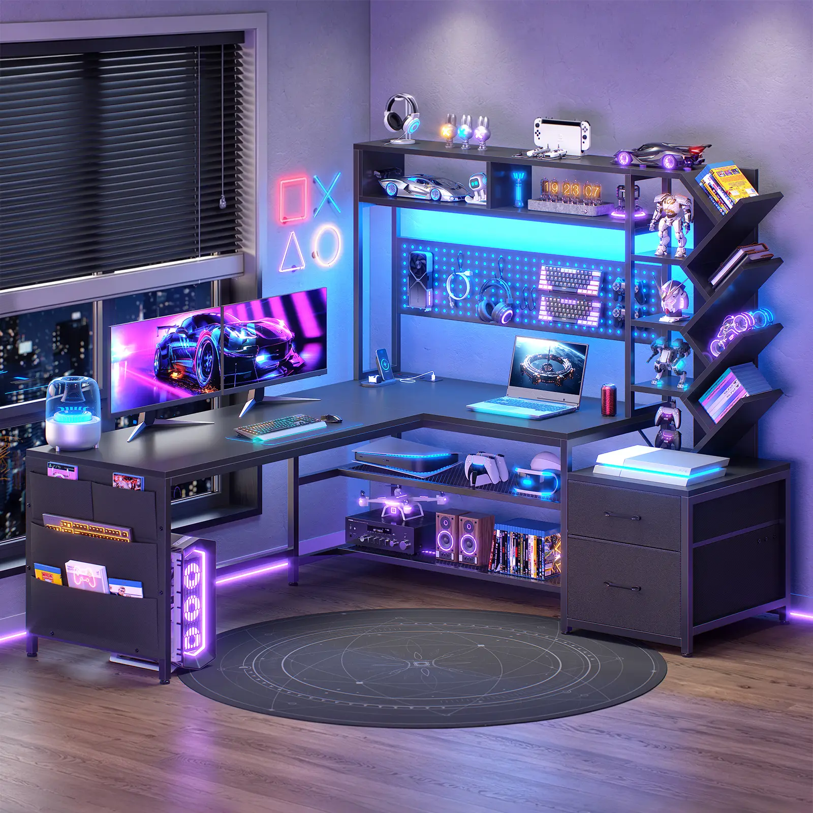 SEDETA L Shaped Gaming Desk with Hutch, Convertible 97.6" Two Person Office Desk with Drawers and Bookshelf, Corner Computer Desk with Power Outlet, LED Lights, Pegboard