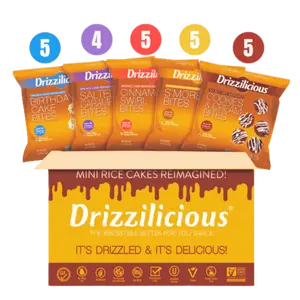 Drizzilicious Mini Rice Cake Bites Variety Pack | 5 Flavor Variety Smores, Birthday, Cinnamon, Cookies, Caramel | Pack of 5