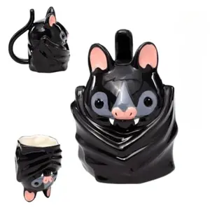 Bat Upside Down Shaped Mug, Cute 3D Bat Coffee Mug with Spoon, Pointy Ears Tiny Fangs, Weighted Stable Base, Funny Animal Novelty Mug Gift