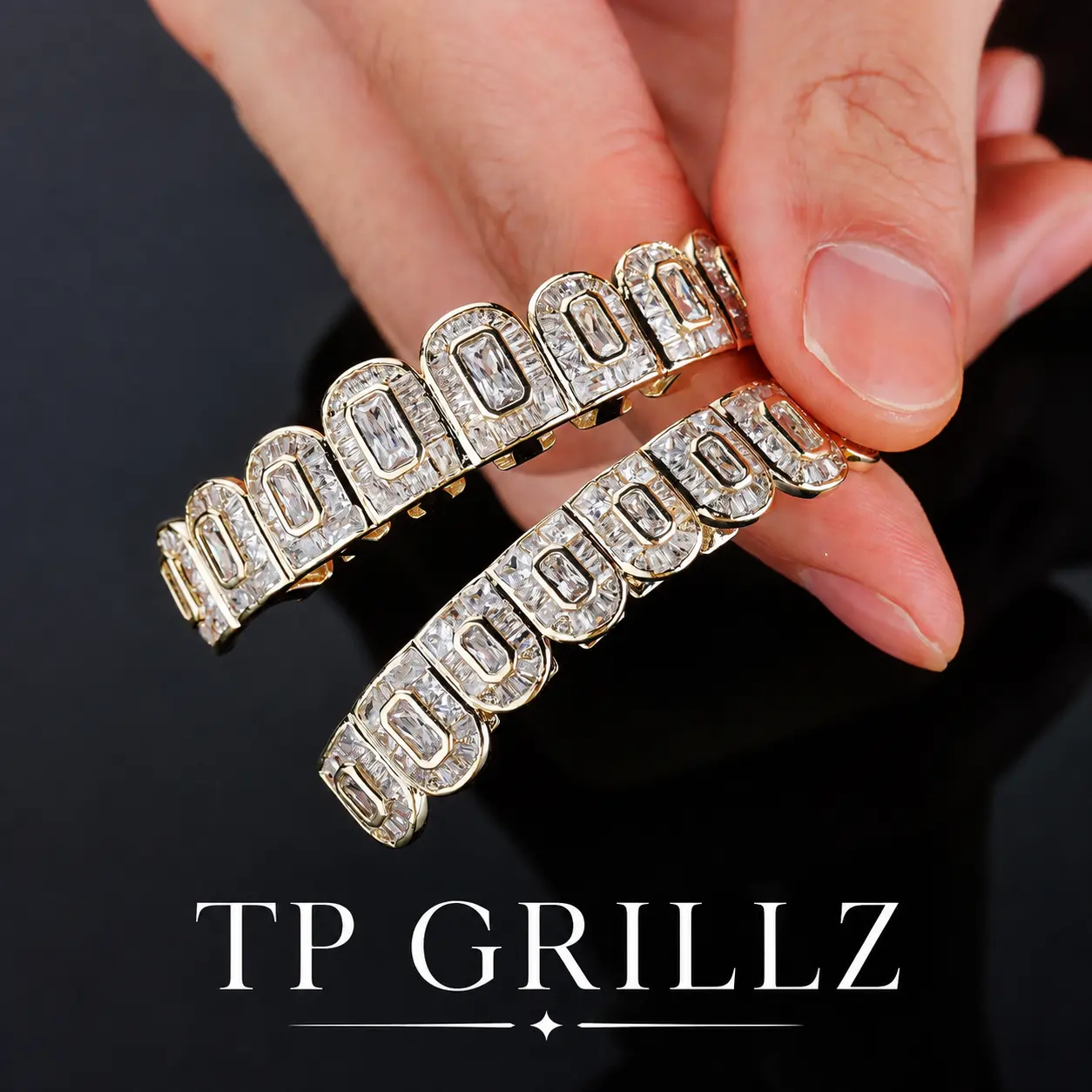 T.O.P GRILLZ 14K Silver-Plated Luxury Custom Baguette Iced-Out Top and Bottom Grills for Teeth, Hip Hop Men’s Accessory with Halloween-Inspired Details (Gold Top and Bottom)