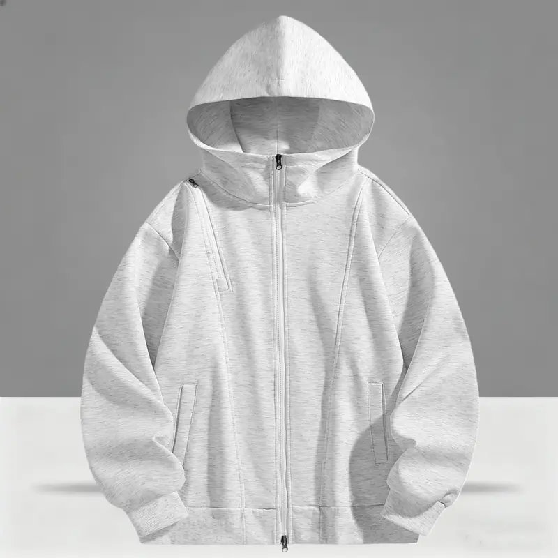 Men's Fitted Zip-Up Menswear Hoodie Shirt Top - Long-Sleeve Plain Simple Streetwear Hoodie Sweatshirt with Diagonal Chest Zipper, Side Pockets