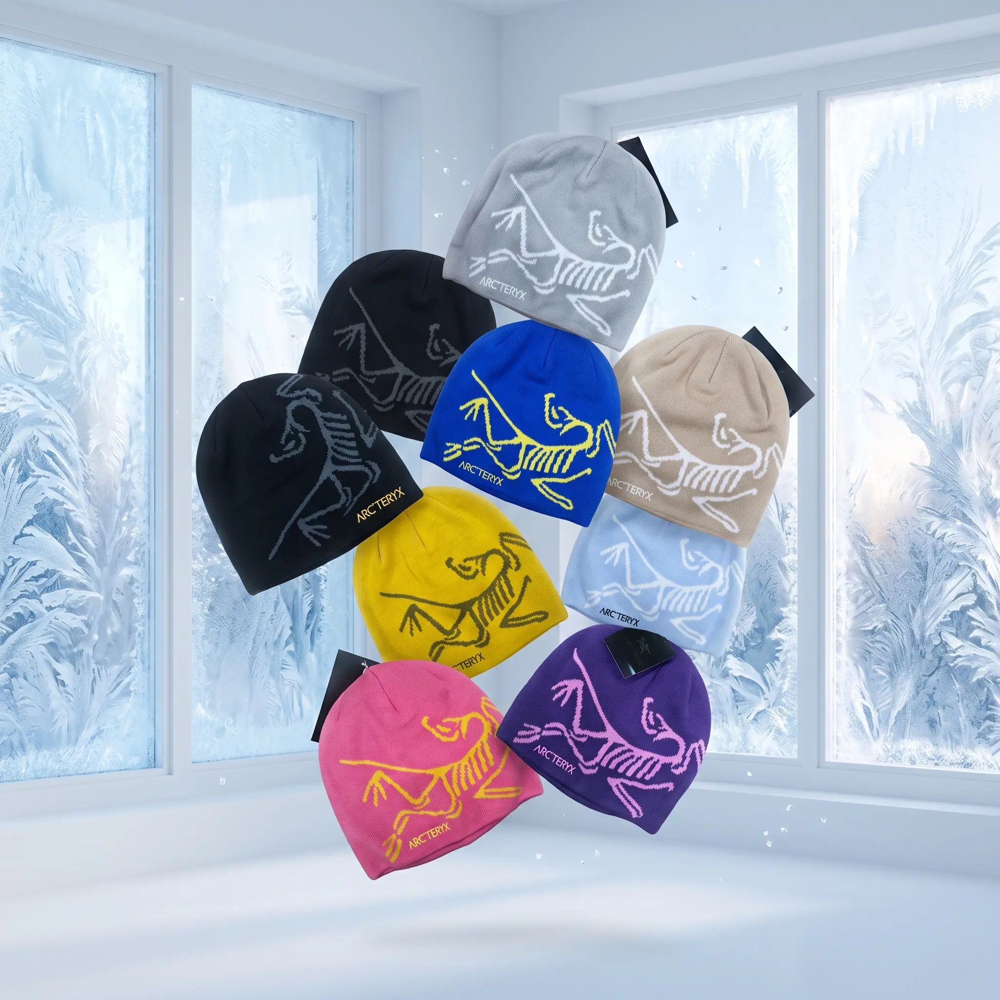 Arc'teryx Style Bird Skeleton Beanie Hat Multi-Color Variant Grid | Cold Weather Thermal Winter Caps | Frosted Glass Window Showcase Profile