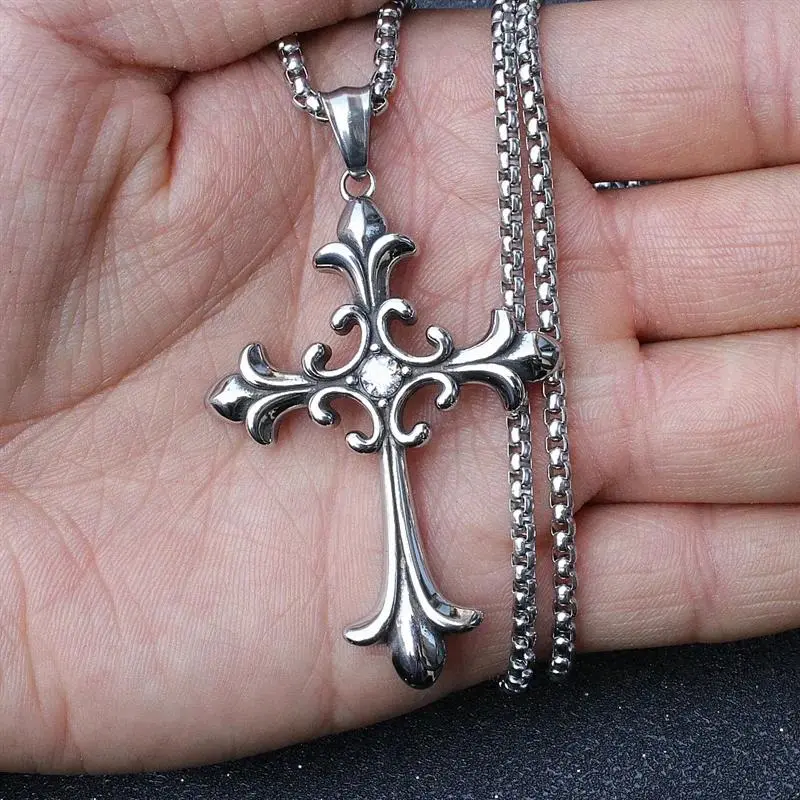 Retro Gothic Cross Necklace - European & American Fashion, Chrome-Tone, Embossed, Long Length, Classic Retro, Cross Motif, Unisex Street Hip-Hop Costume Jewelry Accessory, Chrome-Tone Necklaces, Embossed Cross Necklaces