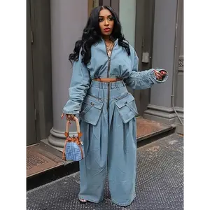 Women's Y2K-Inspired Denim Two-Piece Set: Pleated Long-Sleeve Zip-Up Cropped Jacket & Wide-Leg Pants in Light Blue - /Polyester Blend, Non-Stretch, with Pockets, Chic Daywear|Modern Denim Style|Ruched Detailing