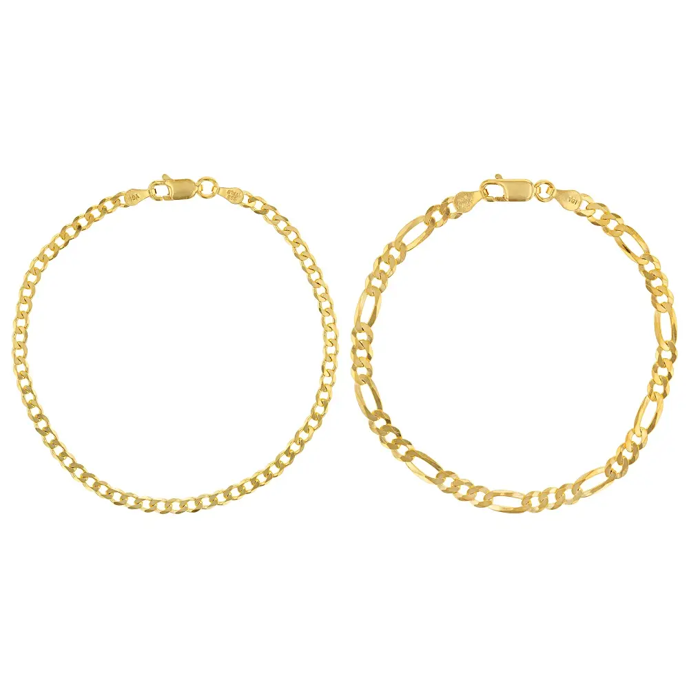 JTV 18K Yellow Gold Over Sterling Silver Curb & Figaro Bracelet Set of 2