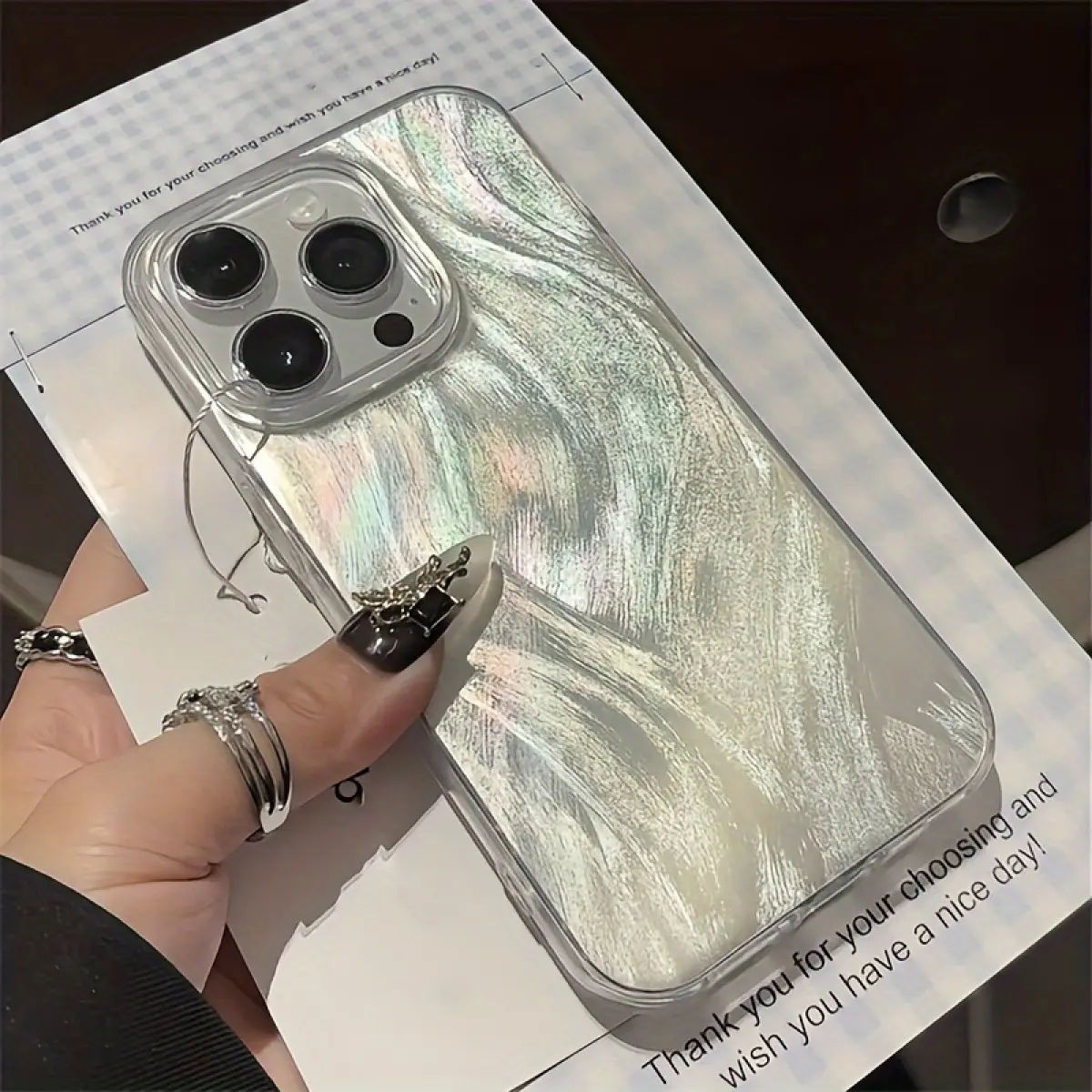 TPU+PET Feather Texture iPhone 11-17 Pro Max/Pro/Plus/Air Case Sleek Silver Minimalist Design Full Airbag Shockproof Protection Precise Cutouts for Buttons & Ports Protective Casing