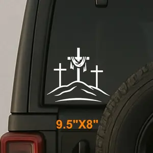 three crosses on hill vinyl decal biblical scene with center cross wrapped in cloth, Christian faith sticker for car, window stickers