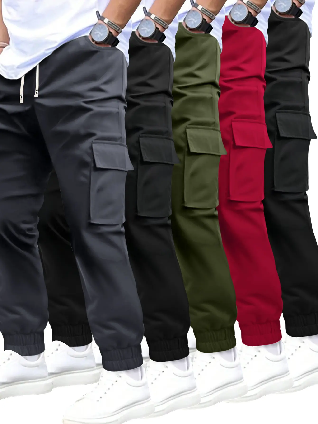 Men's 5 Pack Solid Color Jogger Pants, Athletic Style Workwear with Multi-Pockets and an Adjustable Stretch Drawstring Waist, Solid Color Joggers, Adjustable Stretch Men's Pants, Athletic Style Men's Pants