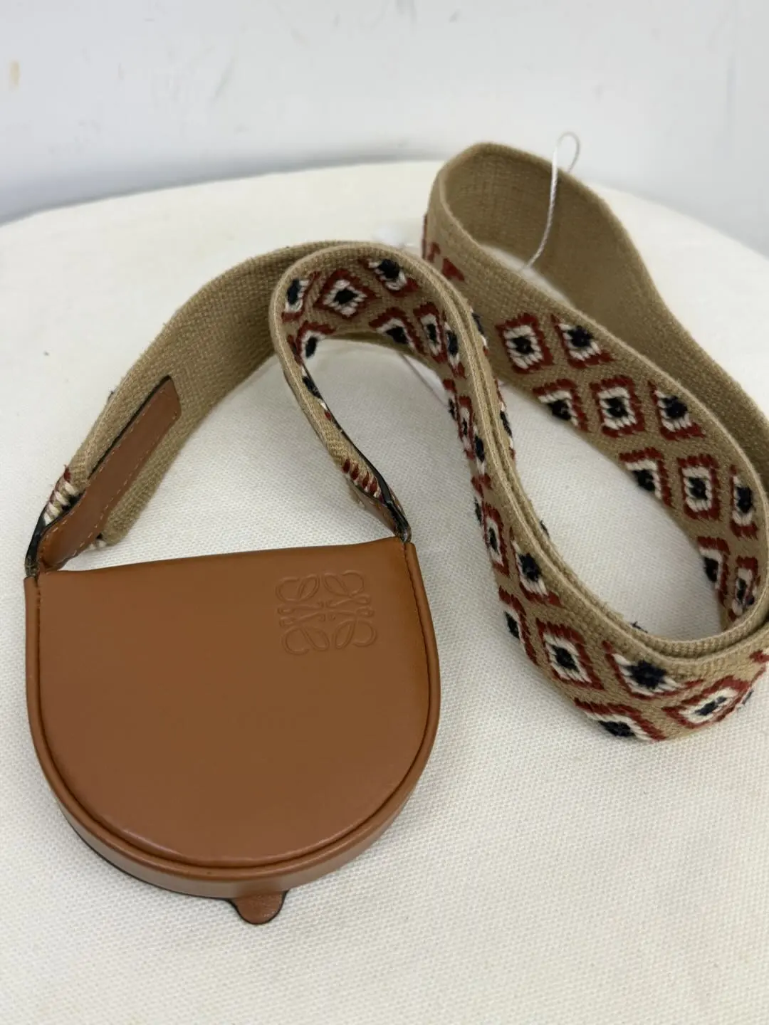 Pre-owned Loewe Mini Semicircle Coin Pouch with Woven Strap in Tan Calfskin Leather