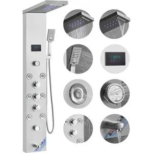 Shower Panel System, 6 Shower Modes, LED & Screen Hydroelectricity Shower Panel Tower, Rainfall, Waterfall, 8 Massage Jets, Tub Spout, Handheld Shower, Stainless Steel Wall-Mounted Shower Set On-Site