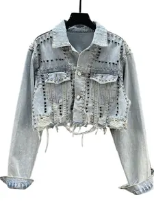 Women Stylish Rhinestone Studded Collared Denim Jacket Distressed Casual Coat Trendy Outerwear