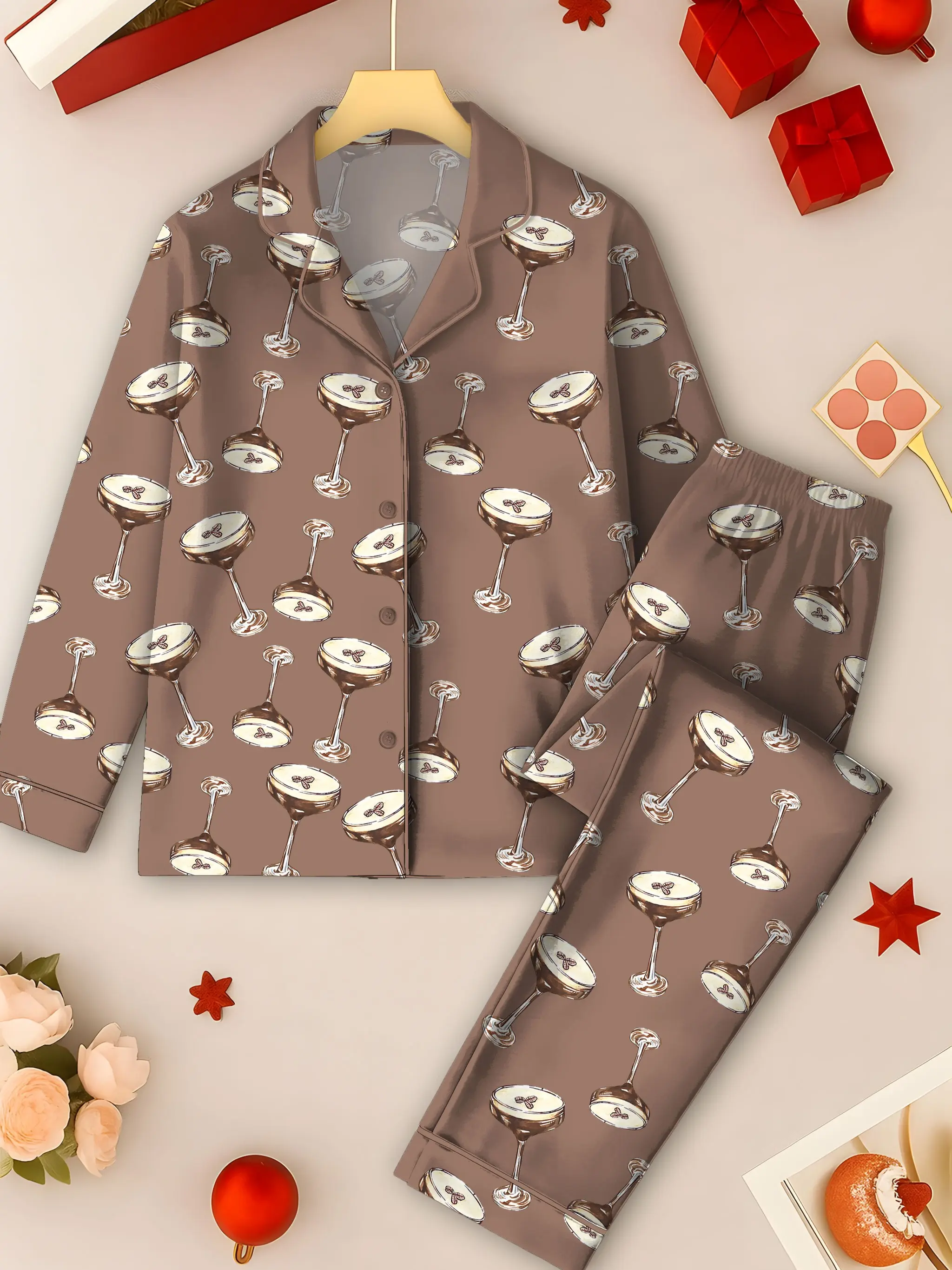 Espresso Martini Wedding Drink Coffee Pajama Set, Satin Printed Pajama Set, Silky Unisex Sleepwear with Fun Prints, Short & Long Option