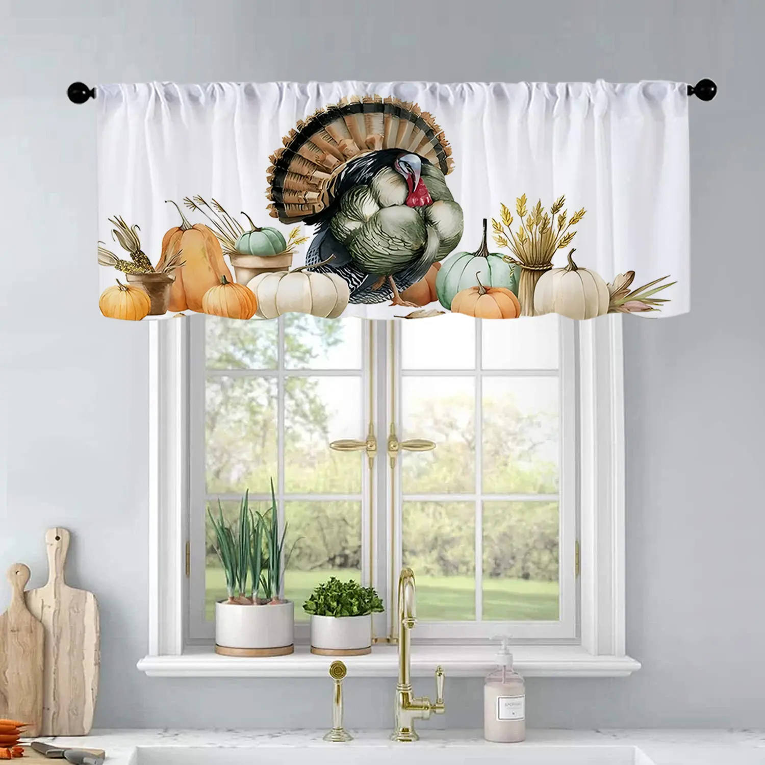1 Pc Pumpkin, Turkey, Maple Leaves, Autumn, Thanksgiving, Watercolor Printing, Kitchen Curtains, Short Curtains, Pole Design, Living Room, Bedroom, Bathroom, Home Decoration, 54 x 18 Inch