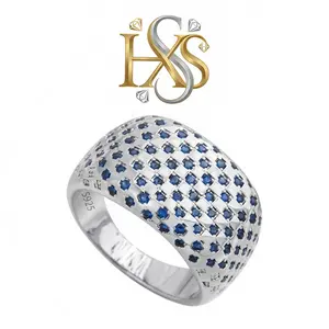【HXS】925 Sterling Silver Pave Blue Sapphire Wide Band Ring Grid Pattern Statement Ring for Men Women