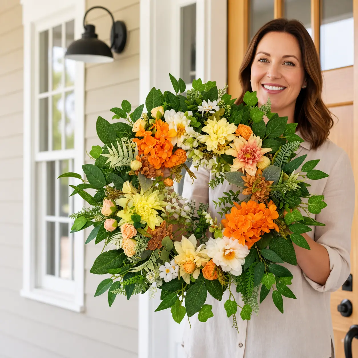 24in Orange Yellow White Dahlia Hydrangea Wreath, 1 Pack. Round Rustic Farmhouse style. Lightweight fade-resistant artificial floral decor ensures enduring vibrant look. Ideal for front door, porch, entryway, wall, seasonal decor, and gift giving.