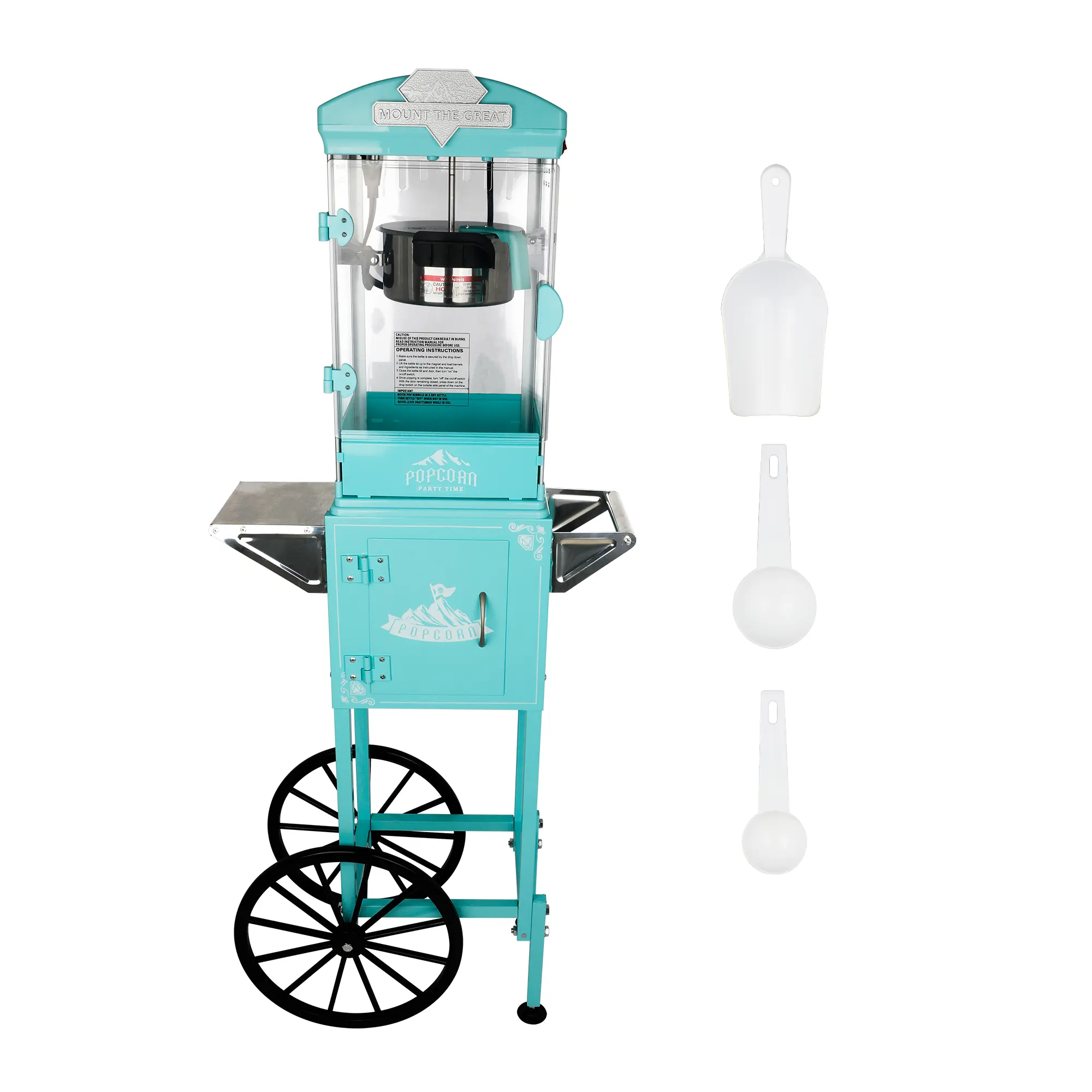 popcorn maker machine,popcorn maker machine with stand,Popcorn Machine with Cart ,Wheels & 10 Oz Kettle Popcorn Maker Measuring 3 plastic spoon Home Theater Popcorn Machine-Cyan,for Commercial Home Movie Theater