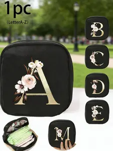 1pc Flowers Letter Pattern Storage Bag - Black Sanitary Napkin Storage Bag With A-Z Letters, Large Capacity Coin Purse, Cash Bag For Girls -Square Meeting Daily Travel Storage Needs For Lipstick, Brush, Skincare, Mobile Phone,Small Items Valentine's Day