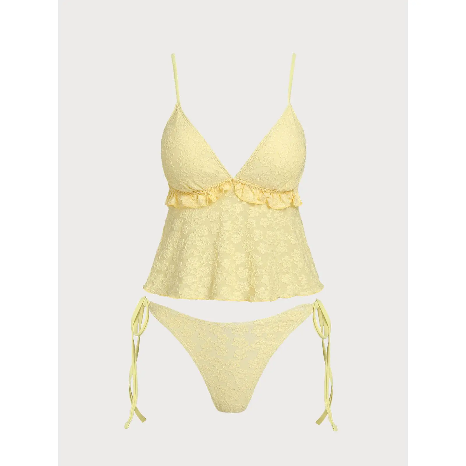 SAMIOL Women's Yellow Polyester Knitted Jacquard Ruffle 2-Piece Tankini Set, Full Coverage Ruched Anti-Slip Swimsuits for Outdoor Surfing Water Activities (Tankini Suit) Tankini Scoop Neck Full Coverage Bottom Soft Stretch Anti-Chlorine Hot Spring