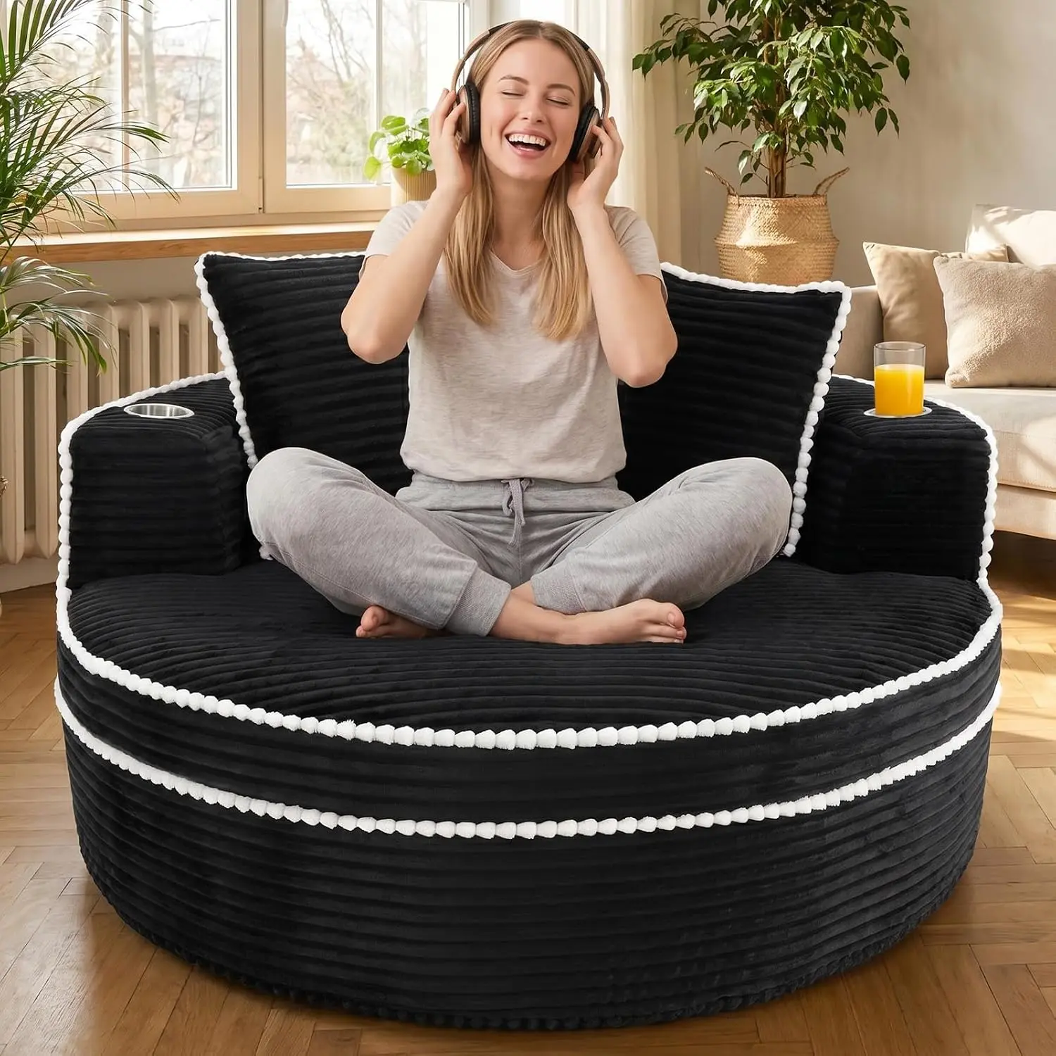 Oversized Round Chaise Lounge Indoor, Round Boneless Chair with Pillows, Heart-Shaped Circle Couch for Living Room, Big Comfy No Bones Chair with Armrest/Backrest (Black Striped)