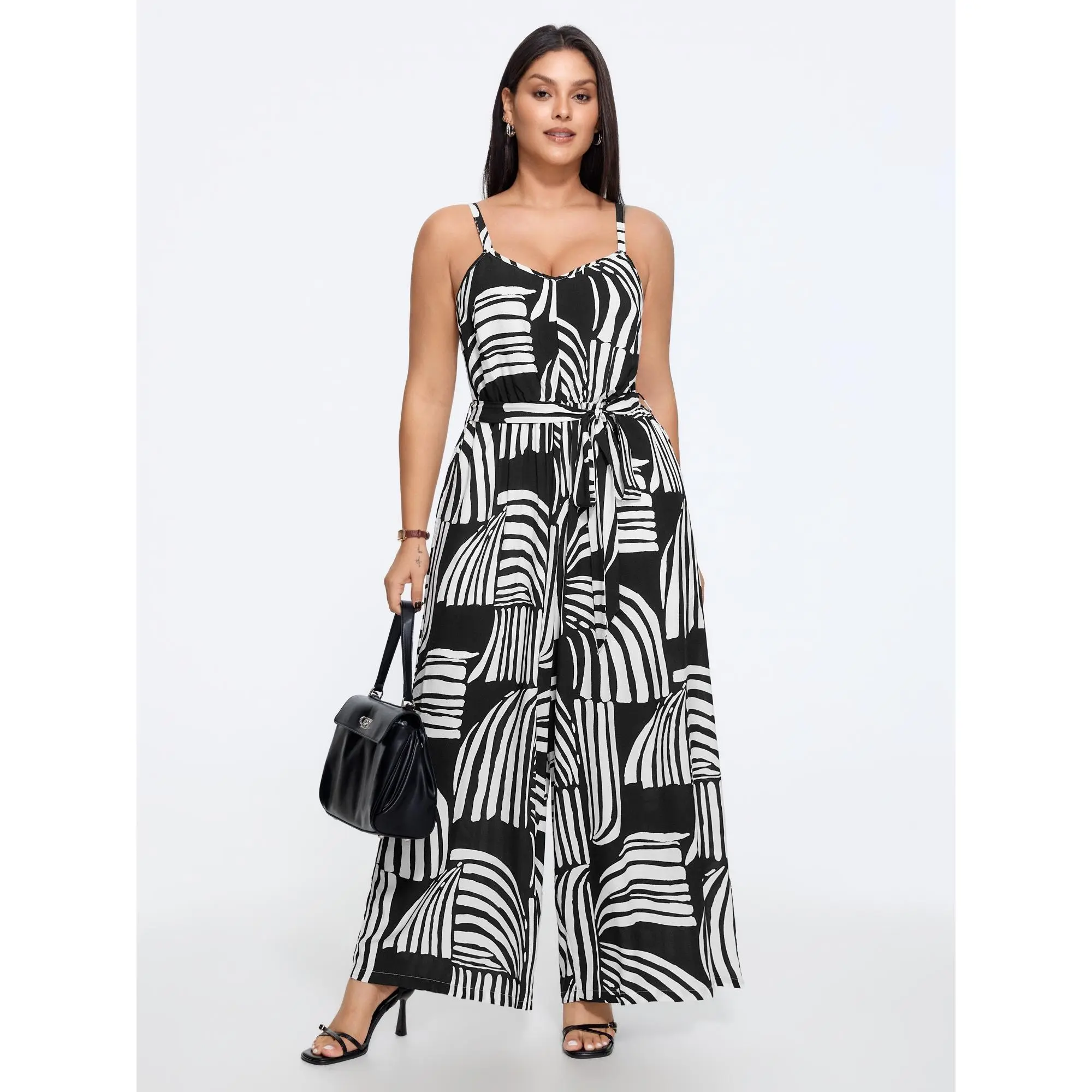 BloomChic Plus Size Rayon Jumpsuit for Women, Abstract Print Wide Leg Style with Side Pockets and Tie Belt, Smooth, Overalls