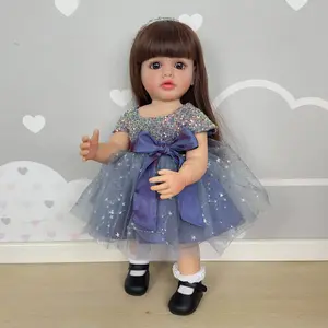 Cherished Collection 22 Inch Real Life Reborn Toddler Doll Girl Full Body Vinyl Brown Hair Princess Role Playing Toy for Kids Women Realistic Soft Body Baby Doll Gift Set