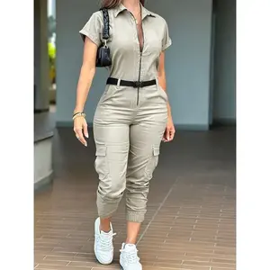 Turn-collar short sleeve zipper front cuffed jumpsuit casual pocket design cargo romper