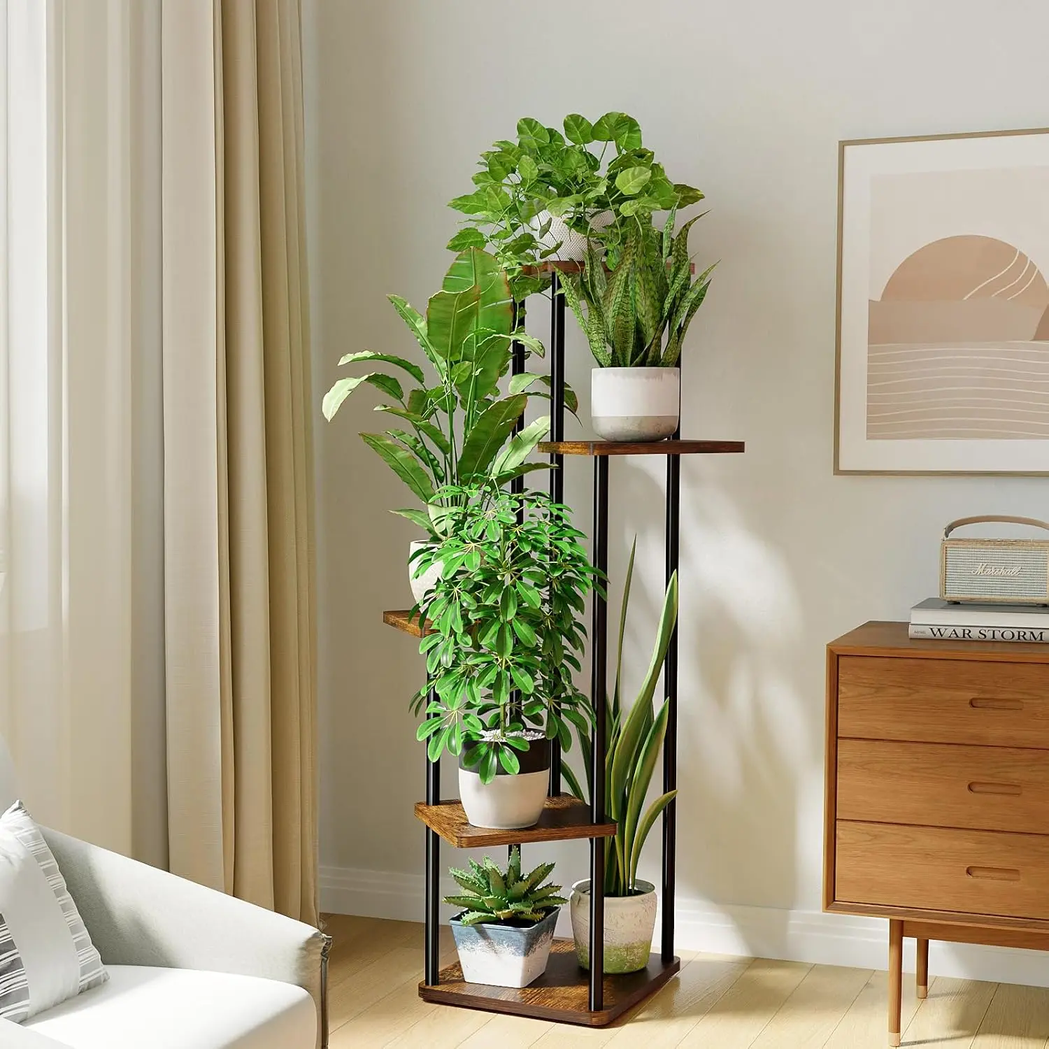 Bamworld 5-Tier Metal Corner Flower Pot Stand - Indoor Multi-Shelf Vertical Garden Rack, Stackable Plant Holder, Brown Home Organizer for Living Room Decor, Room Decor Storage Rack