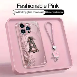 Crown Floral Art 26 letter Phone Case, Suitable for [iPhone 13 Pro] high-end women's, Lanyard a beautiful four-leaf clover lanyard is included🍀 952